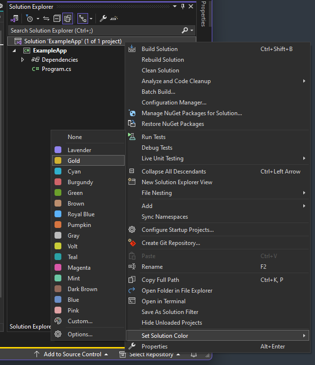 Solution Explorer context menu with Set Solution Color expanded and Gold highlighted.